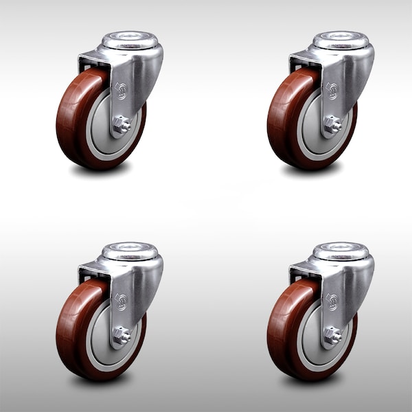 4 Inch SS Maroon Polyurethane Wheel Swivel Bolt Hole Caster Set